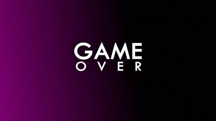 dramatic game over text animation with glitch effect on a deep purple and black split screen, for a stylish video game stream end screen - Powered by Adobe