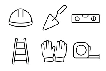 Fototapeta premium Construction tools icons: hard hat, trowel, level, ladder, gloves, tape measure