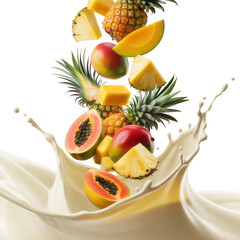 Tropical fruits pineapple mango papaya splashing into creamy liquid Transparent Background image