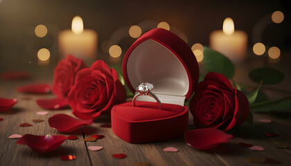  A beautiful diamond engagement ring presented in a red, heart-shaped box. Surrounded by romantic red roses and petals with soft candlelight in the background, perfect for a marriage proposal concept.