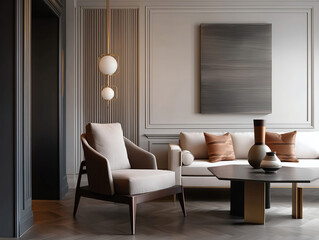 Aesthetic beautiful elegant  modern luxury interior design. Clear mock up empty wall for decoration in the apartment, painting frame. Copy space in the room.