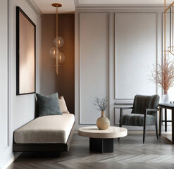 Aesthetic beautiful elegant  modern luxury interior design. Clear mock up empty wall for decoration in the apartment, painting frame. Copy space in the room.