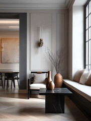 Aesthetic beautiful elegant  modern luxury interior design. Clear mock up empty wall for decoration in the apartment, painting frame. Copy space in the room.