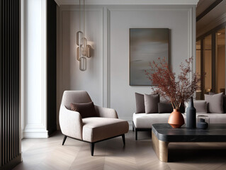 Aesthetic beautiful elegant  modern luxury interior design. Clear mock up empty wall for decoration in the apartment, painting frame. Copy space in the room.