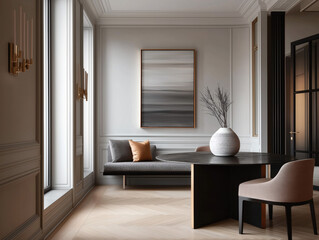 Aesthetic beautiful elegant  modern luxury interior design. Clear mock up empty wall for decoration in the apartment, painting frame. Copy space in the room.