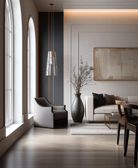 Aesthetic beautiful elegant  modern luxury interior design. Clear mock up empty wall for decoration in the apartment, painting frame. Copy space in the room.