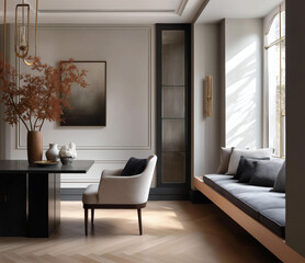 Aesthetic beautiful elegant  modern luxury interior design. Clear mock up empty wall for decoration in the apartment, painting frame. Copy space in the room.