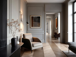 Aesthetic beautiful elegant  modern luxury interior design. Clear mock up empty wall for decoration in the apartment, painting frame. Copy space in the room.