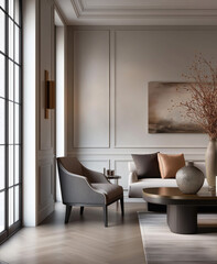 Aesthetic beautiful elegant  modern luxury interior design. Clear mock up empty wall for decoration in the apartment, painting frame. Copy space in the room.