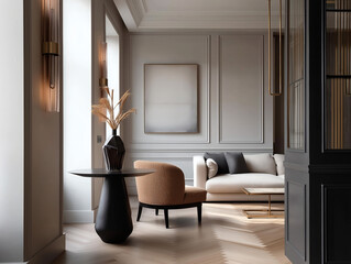 Aesthetic beautiful elegant  modern luxury interior design. Clear mock up empty wall for decoration in the apartment, painting frame. Copy space in the room.