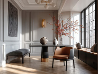 Aesthetic beautiful elegant  modern luxury interior design. Clear mock up empty wall for decoration in the apartment, painting frame. Copy space in the room.