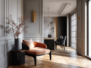 Aesthetic beautiful elegant  modern luxury interior design. Clear mock up empty wall for decoration in the apartment, painting frame. Copy space in the room.