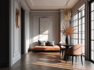 Aesthetic beautiful elegant  modern luxury interior design. Clear mock up empty wall for decoration in the apartment, painting frame. Copy space in the room.