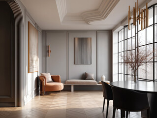 Aesthetic beautiful elegant  modern luxury interior design. Clear mock up empty wall for decoration in the apartment, painting frame. Copy space in the room.