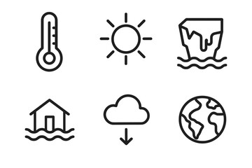 Climate change icons: temperature, sun, ice, flood, cloud, earth
