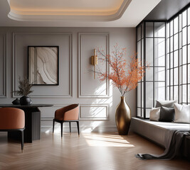 Aesthetic beautiful elegant  modern luxury interior design. Clear mock up empty wall for decoration in the apartment, painting frame. Copy space in the room.