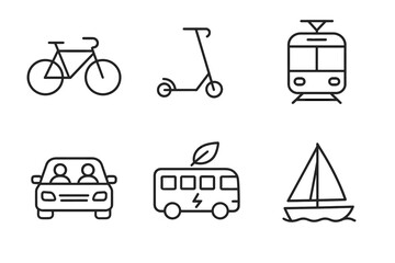 Outline icons of transportation: bicycle, scooter, train, car, electric bus, sailboat