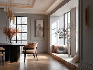 Aesthetic beautiful elegant  modern luxury interior design. Clear mock up empty wall for decoration in the apartment, painting frame. Copy space in the room.