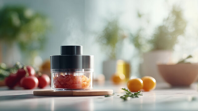Sleek food processor with fresh ingredients on a marble countertop. Modern kitchen scene, showcasing healthy food preparation and culinary technology. Use for cooking, nutrition, or lifestyle. - Powered by Adobe