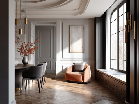 Aesthetic beautiful elegant  modern luxury interior design. Clear mock up empty wall for decoration in the apartment, painting frame. Copy space in the room.