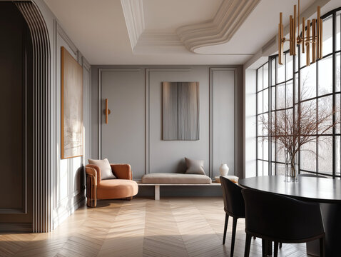 Aesthetic beautiful elegant  modern luxury interior design. Clear mock up empty wall for decoration in the apartment, painting frame. Copy space in the room.
