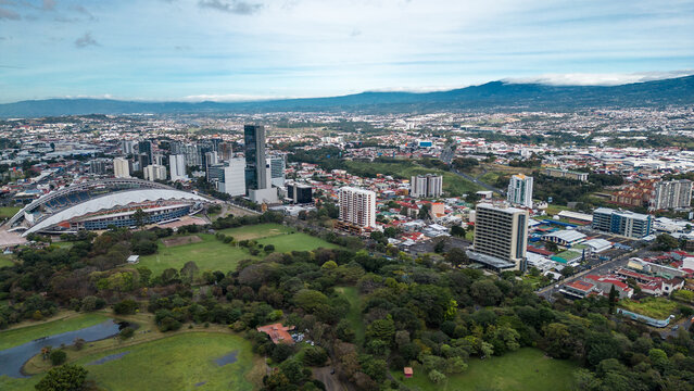 An aerial view of Sabana Park, overlooking the National Stadium in San Jose, Costa Rica.
