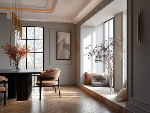Aesthetic beautiful elegant  modern luxury interior design. Clear mock up empty wall for decoration in the apartment, painting frame. Copy space in the room.