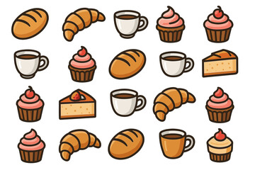 Cute cartoon pastry and coffee pattern with cupcakes, bread, and cups