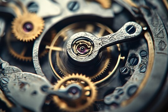 Close-up of intricate watch mechanism with gears and small parts.