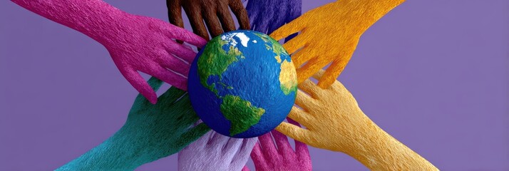 global giving campaign, diverse hands encircle a globe, reflecting a global giving movement with vibrant, harmonious colors and a clear area for messaging ideal for international charities and