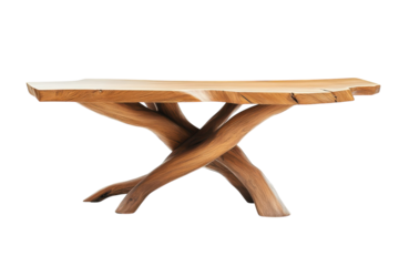 Wooden table with crossed branch legs on transparent background