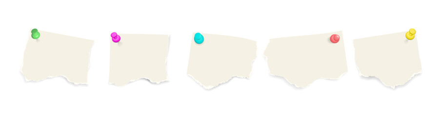 Paper notes with push pins. Vector template with blank sheets, sticky notes, and ripped paper pieces for stationery, reminders, or collage design.
