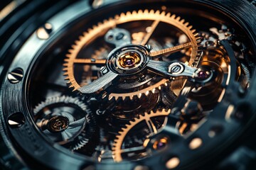 Close-up view of intricate watch mechanism with gears and screws in metallic tones.