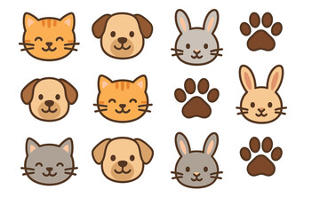 Fototapeta premium Cute cartoon animal faces: cats, dogs, and rabbits with paws