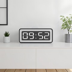 A digital alarm clock displaying the time 09:52 on a minimalist white shelf. Two small potted plants are present, adding a touch of greenery to the scene.