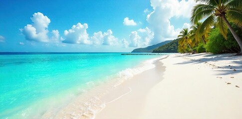 Sun-Drenched Turquoise Water Laps Pristine White Sand Beach Under Cloudless Sky Ultimate Relaxation and Escape