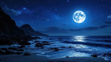 Mystical full moon shines over ocean waves and rugged coastline at night