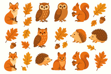 Woodland animals and autumn leaves pattern with fox, owl, squirrel, hedgehog