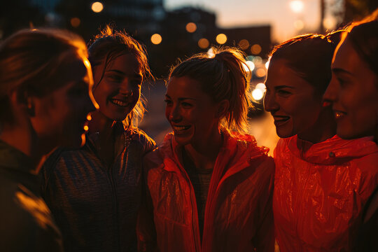 Five female adult runners sharing motivation huddle on city verge at dusk