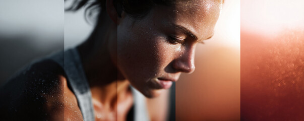 Intense closeup shot of a sweaty woman looking down, possibly after exercise. Depicts dedication, effort, and physical fitness. Ideal for health, sports or wellbeing themes.