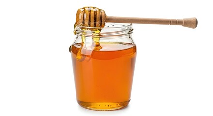 Sweet Golden Honey Dripping from Wooden Dipper into Glass Jar