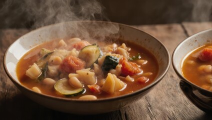 Steaming bowl of vegetable soup, rich in color, with second bowl in the frame