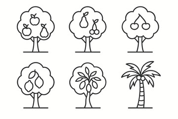 Simple line art of various fruit trees and a palm tree