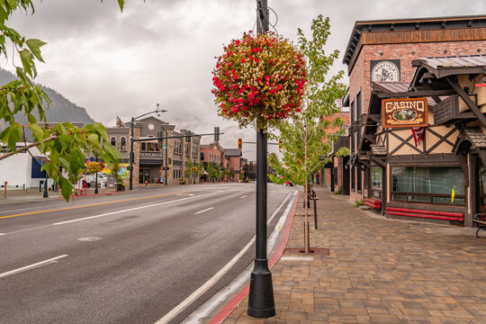 Ketchum, ID, US-August 27, 2025: Street scene in historic downtown of this small town with its quaint streets with brick buildings and trendy shops and restaurants.