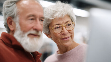 Smiling mature couple looking at a screen, embodying companionship, modern aging, and shared experiences. Represents retirement, technology use, and active lifestyles.
