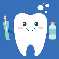 Happy Tooth Character Promotes Oral Hygiene with Toothbrush, Toothpaste, and Sparkling Bubbles Against a Blue Background, Illustrating Dental Care