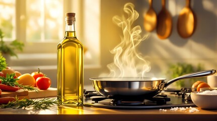 Bottle of Olive Oil Beside Hot Pan with Rising Steam in Kitchen Light (Culinary Concept)