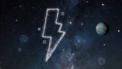 Stellar depiction with stylized lightning bolt, planets, and celestial graphics