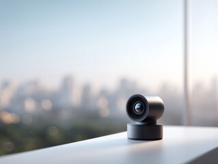 Sleek modern security camera on a ledge, overlooking a blurred cityscape. Captures safety, surveillance, technology, and privacy concepts. Ideal for tech, security themes.