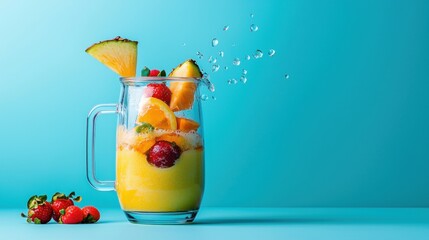 Glass pitcher filled with a colorful fruit cocktail. the pitcher is made of clear glass and has a handle on one side.